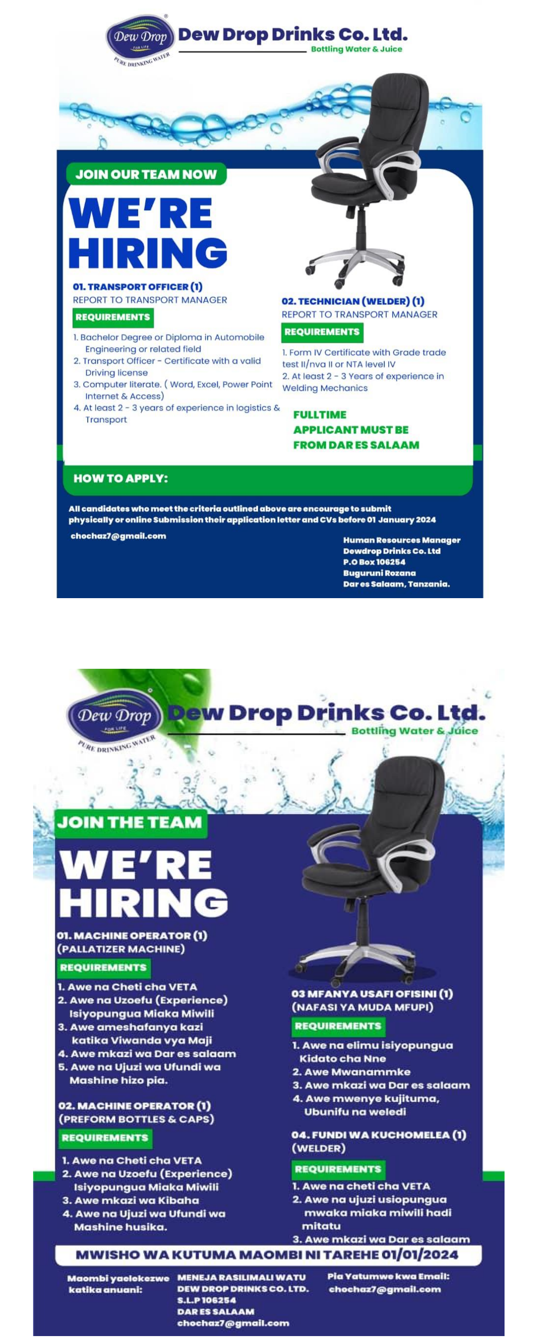 You are currently viewing Various Jobs at Dew Drop Drinks Co. Ltd December, 2023
