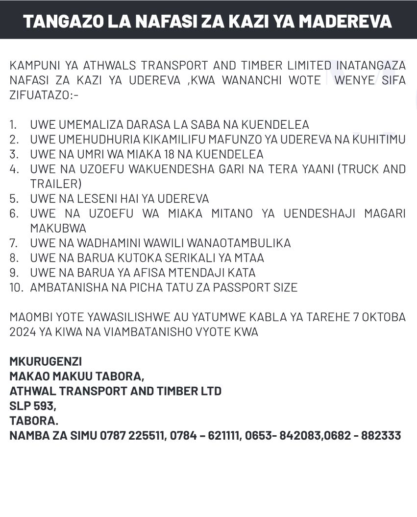 Read more about the article Drivers (Madereva) at Athwals Transport and Timber Limited (ATT) September 2024