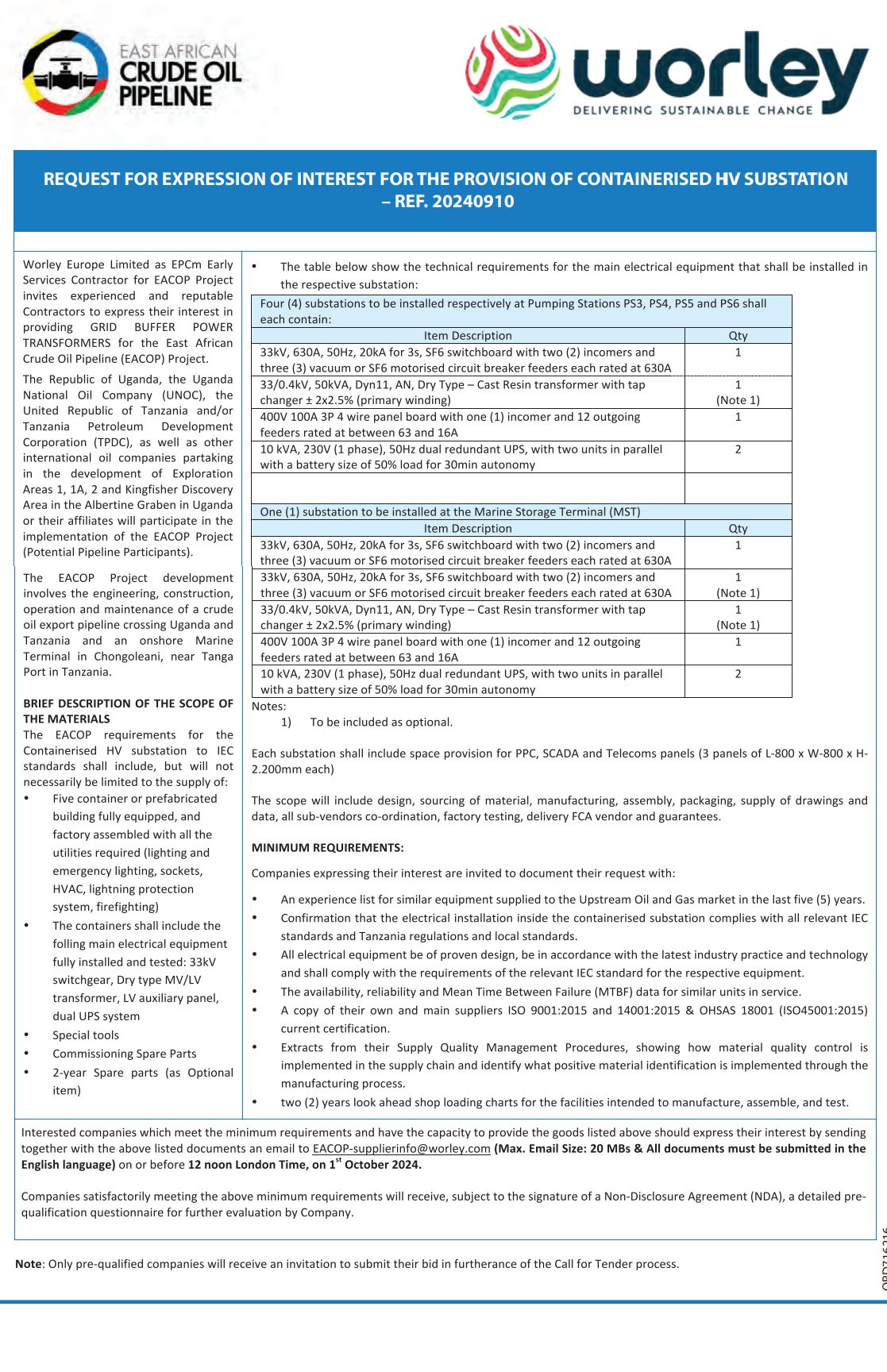 Read more about the article Request For Expression Of Interest For The Provision Of Containerised HV Substation at EACOP September 2024